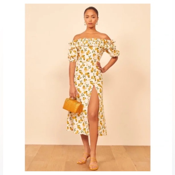 Reformation Dresses & Skirts - Reformation Marley 100% Linen Off The Shoulder Lemon Print Midi Dress Size 4